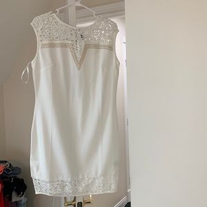 White Dress with Gold Beaded and Lace on top with lace on Bottom
